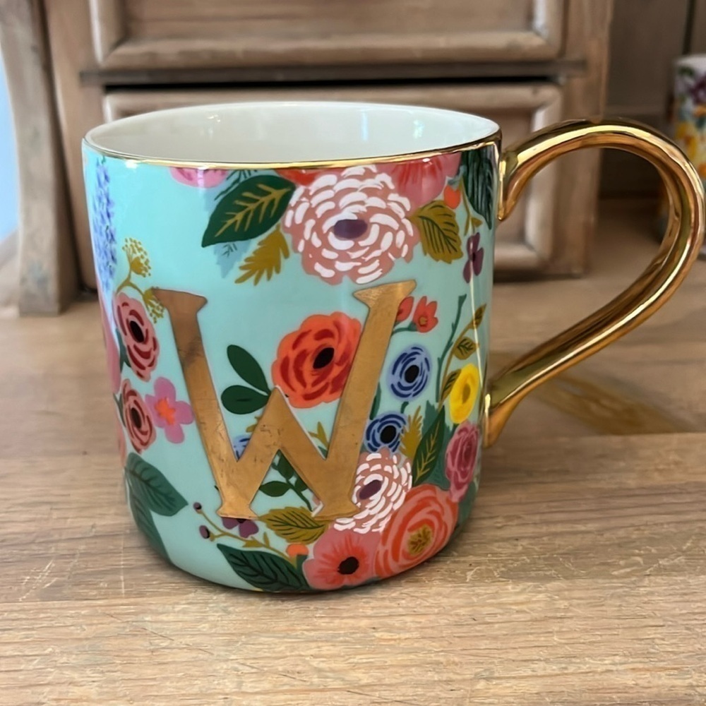 Anthropologie x Rifle Paper Co Mug Garden Party Monogram “W” Gold Handle Floral - Picture 1 of 6